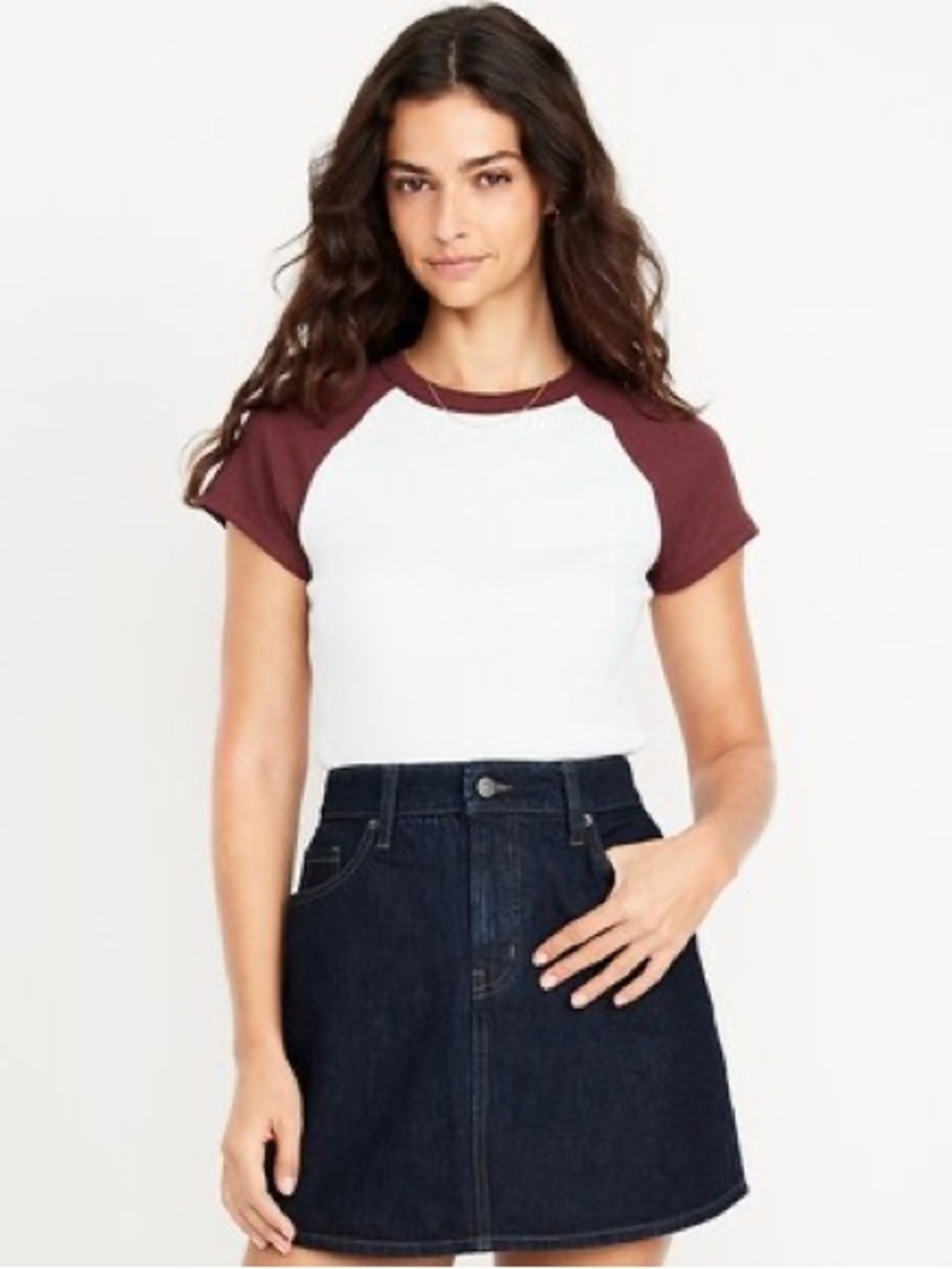 Old Navy Snug White Raglan Tee with Burgundy Short Sleeves